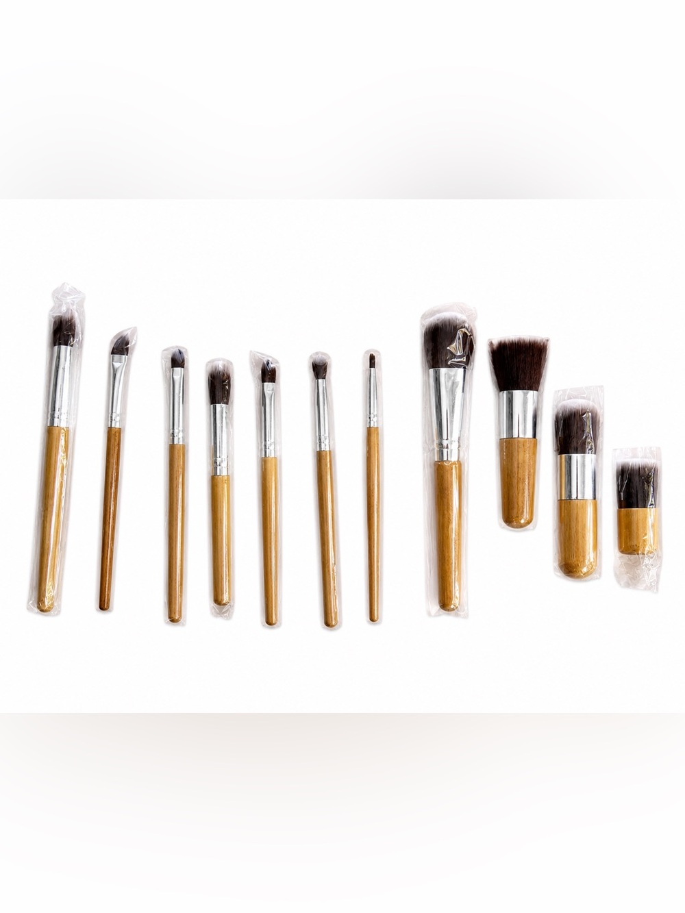 Natural Bamboo Handle Makeup Brush Set - 11 Pieces, Brown Bristles